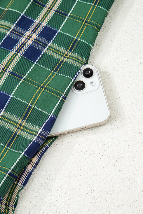 Plaid Frilled Collar Notched V Neck Tiered Long Sleeve Mini Dress